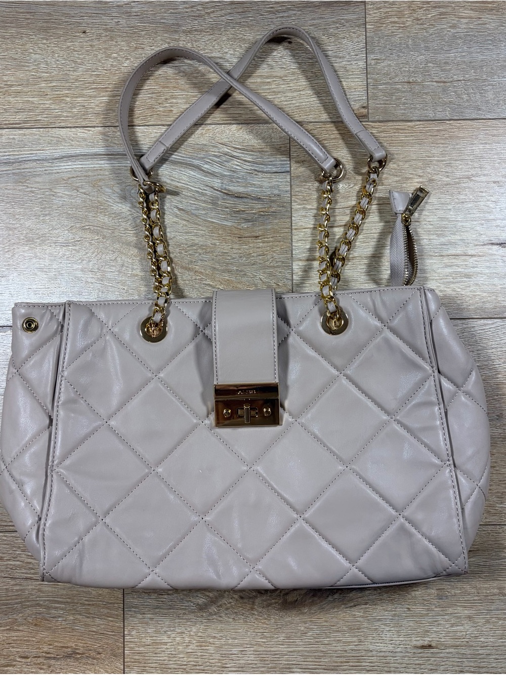 ALDO Beige Quilted Shoulder Bag, Chain Strap, Turn Lock, Inner Pockets, Pouch
